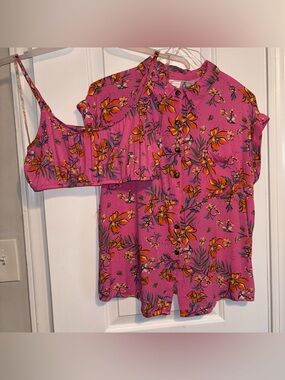 No Boundaries Pink Floral Button Shirt & Matching Bralette Junior Sz L (11-13)